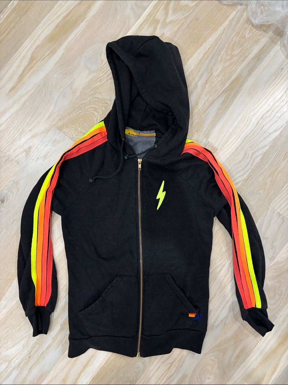 Aviator Nation Zip Hoodie with Neon Lightning & Stripe Sleeves size Small
